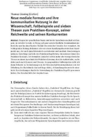 Neue mediale Formate und ihre kommunikative Nutzung in der Wissenschaft. Fallbeispiele und sieben Thesen zum Praktiken-Konzept, seiner Reichweite und seinen Konkurrenten