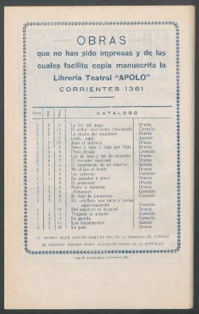 Obras que no han sido impresas y de las cuales facilita copia manuscrita la Librería Teatral "Apolo"