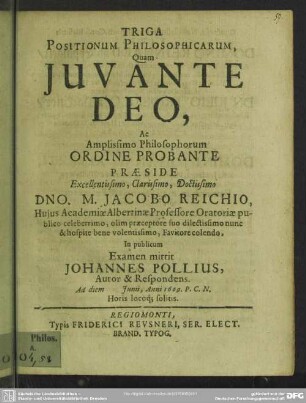 Triga positionum philosophicarum, quam Iuvante Deo