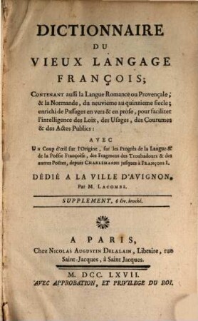 Dictionnaire du vieux language françois : Supplement