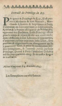 Extraict du Privilege du Roy