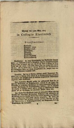 Montags den 14ten März 1803. in Collegio Electorali