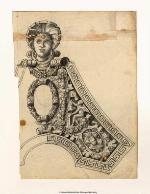 Kartusche in Hochformat mit einem sitzenden Putto und einem Seraph