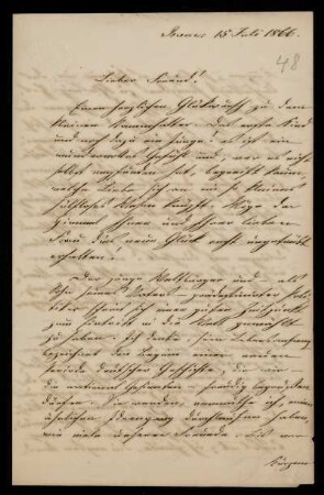 Brief von Joseph Pfeiffer an Gottlieb Planck, Bremen, 15.7.1866