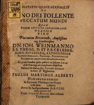 Dissertatio Quadragesimalis De Agno Dei Tollente Peccatum Mundi