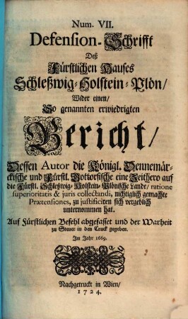 Defensionsschrift deß fürstlichen Hauses Schleßwig-Holstein-Plön ...