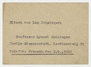 Visitenkarte der Galerie Ferdinand Möller mit Notiz auf der Rückseite, Adresse von Lyonel Feininger