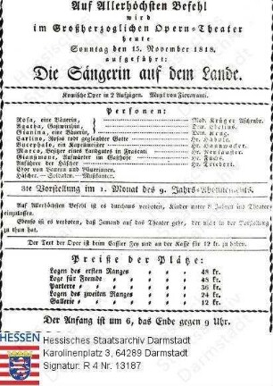 Darmstadt, Hoftheater / Theaterzettel 1818 November 15 / 'Die Sängerin auf dem Lande' (Komische Oper) von [Valentino] Fioravanti (1764-1837)