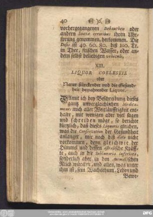 XIII. Liquor Coelestis. oder Natur stärckender und die Gesundheit bewahrender Liquor.