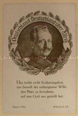 Postkarte mit Porträt von Kaiser Wilhelm II. und patriotischem Text, geschrieben von Max Schulze an Ida Thiele; Berlin, 3. Okt. 1914
