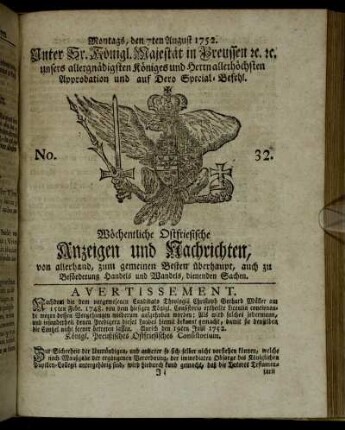 No. 32. Montags, den 7ten August 1752.