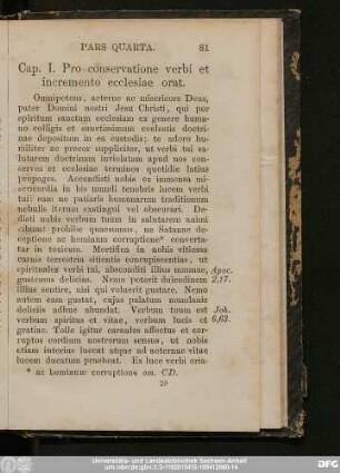 Cap. I. Pro conservatione verbi et incremento ecclesiae orat.