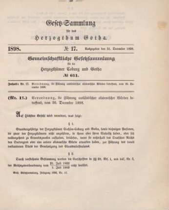 17. Verordnung, die Führung ausländischer akademischer Würden betreffend, vom 26. December 1898