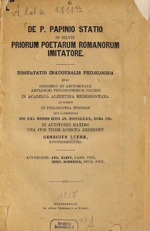 De P. Papinio Statio in Silvis priorum poetarum Romanorum imitatore
