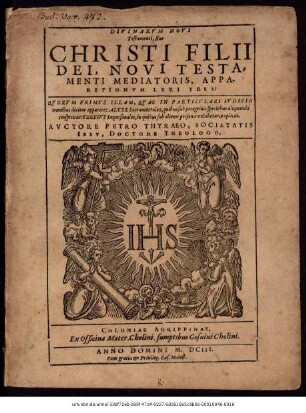 Divinarum Novi Testamenti, sive Christi Filii Dei, Novi Testamenti Mediatoris, Apparitionum Lbri Tres : Quorum Primus Illam, Quae In Particulari Iudicio omnibus dicitur apparere: Alter Sacramentales, quibus sub peregrinis speciebus aliquando conspicitur: Tertius Impersonales, in quibus sub alienis personis exhibetur, explicat