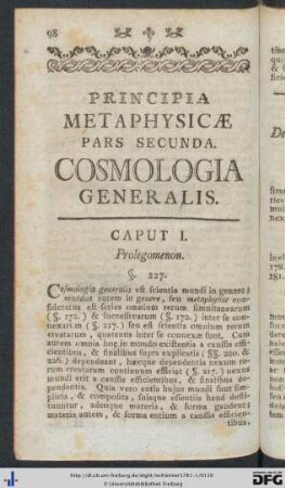 Principia Metaphysicae Pars Secunda. Cosmologia Generalis.