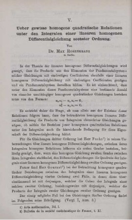 V. Ueber gewisse homogene quadratische Relationen unter den Integralen einer linearen homogenen Differentialgleichung sechster Ordnung.