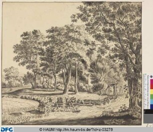 Landschaft mit Landstraße am Flussufer mit hohen Bäumen und Reiter
