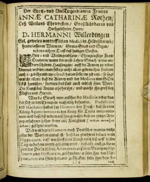 Der Ehrn- und Viel Tugendsamen Frawen Annæ Catharinæ Rothen/ [...] Herrn/ D. Hermanni Willerdingen [...]