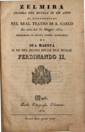 Zelmira : Dramma per musica in un atto