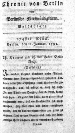 274stes Stück, Berlin, den 21. Januar. 1792
