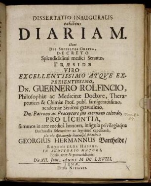 Dissertatio Inauguralis exhibens Diariam