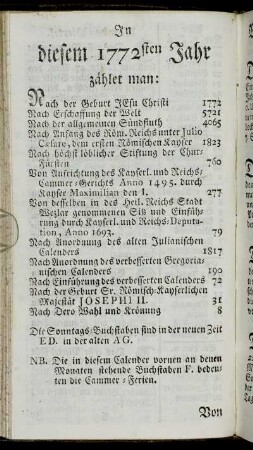 In diesem 1772sten Jahr zählet man:[...]