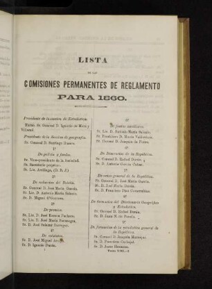 Lista de las Comisiones permanentes de Reglamento para 1860.