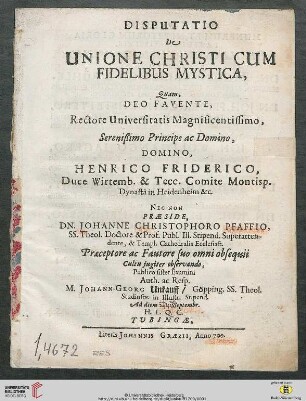 Disputatio De Unione Christi Cum Fidelibus Mystica