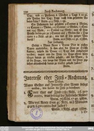 Interesse oder Zinß-Rechnung.