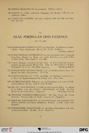 IV. Glas, Porzellan und Fayence (Nr. 234-264)