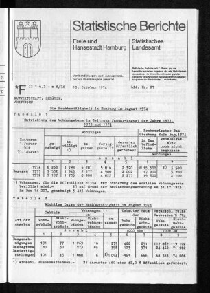 Die Hochbautätigkeit in Hamburg im August 1974 : Lfd. Nr. 27
