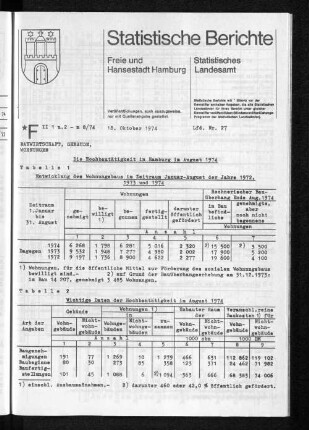 Die Hochbautätigkeit in Hamburg im August 1974 : Lfd. Nr. 27