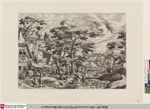 [Dorffest vor einem Gasthaus mit einer Fahne des hl. Sebastian; Peasant feast before an inn with a banner of St. Sebastian]