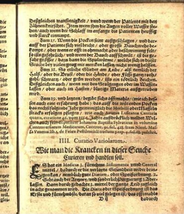 IIII. Curatio Variolarum / Wie man die Krancken in dieser Seuche Curieren vnd handlen soll.