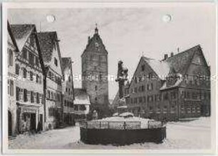 Winterlandschaft, Dinkelsbühl, Altrathansplatz, Löwenbrunnen, Wörnitztor