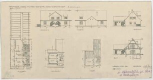 Fischer, Theodor; München; Bayerische Geschützwerke - Reihen - Einfamilienhaus Eckhaus (Grundriss Keller, Grundriss EG, Grundriss DG, Ansichten,Schnitt)