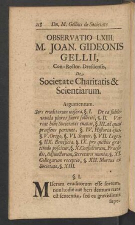 Observatio LXIII. M. Joan. Gideonis Gellii, Con-Rector. Dresdensis De Societate Charitatis & Scientiarum