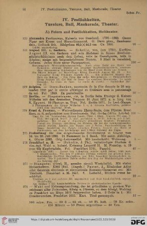 IV. Festlichkeiten, Turniere, Ball, Maskerade, Theater (Nr. 370 - 420)