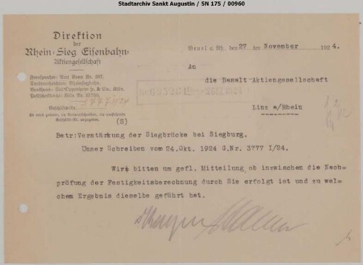 Brücke A: Brief bzgl. Verstärkung der Siegbrücke Siegburg