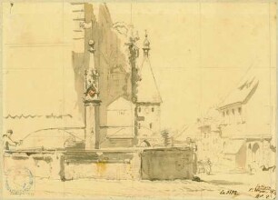 Endingen Rathausbrunnen mit Blick Richtung Stadttor