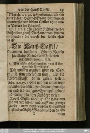 Die Hauß-Taffel, darinnen heilsame Lebens-Regeln für allerley Stände der Christenheit zusammen gezogen sind.