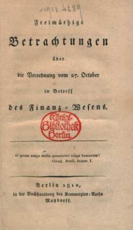 Freimüthige Betrachtungen über die Verordnung vom 27. October in Betreff des Finanz-Wesens