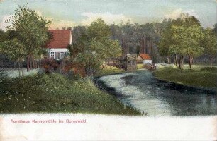Forsthaus Kannomühle im Spreewald : Landschaft - Spreewald. Ort: Błóta / Spreewald. Forsthaus Kannomühle im Spreewald. Colorierte Postkarte (Verlag F. W. Hoffmann, Leipzig)