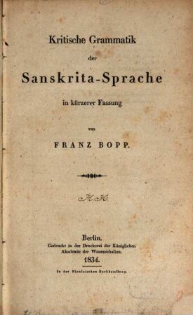 Kritische Grammatik der Sanskrita-Sprache in kürzerer Fassung