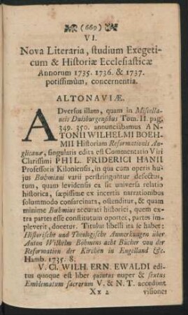 Nova Literaria. Studium Exegeticum & Hstoriae ecclesiasticae. Annorum 1735, 1736 & 1737