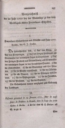 Verzeichniß der im Jahr 1777 bey der Mutterloge zu den drey Weltkugeln edirten Freymäurer-Schriften.