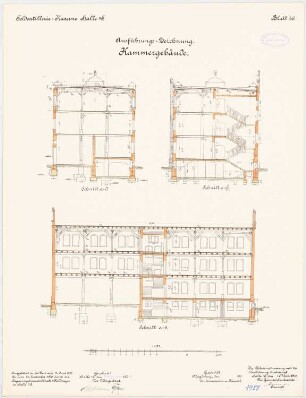 Feldartilleriekaserne, Halle/Saale: Kammergebäude: Längsschnitt, Querschnitte 1:100