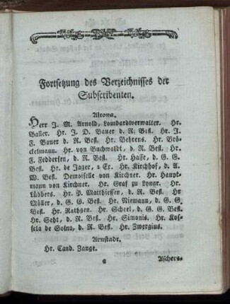 Fortsetzung des Verzeichnisses der Subscribenten.