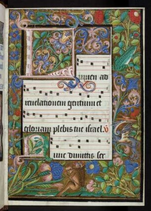 Vollbordüre mit Frosch und Affe, Zierintiale: L(umen ad revelationem gentium)